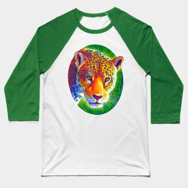 Light in the Rainforest Colorful Jaguar Baseball T-Shirt by rebeccawangart